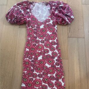 Zara Pink Floral Puff-Sleeve Midi Dress